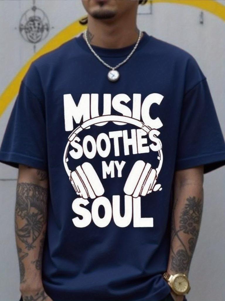 Unisex Summer Cotton Short Sleeve T Shirt Music Soothes My Soul Headphone Letter Print Crew Neck Hip Hop Music Casual Male Tee