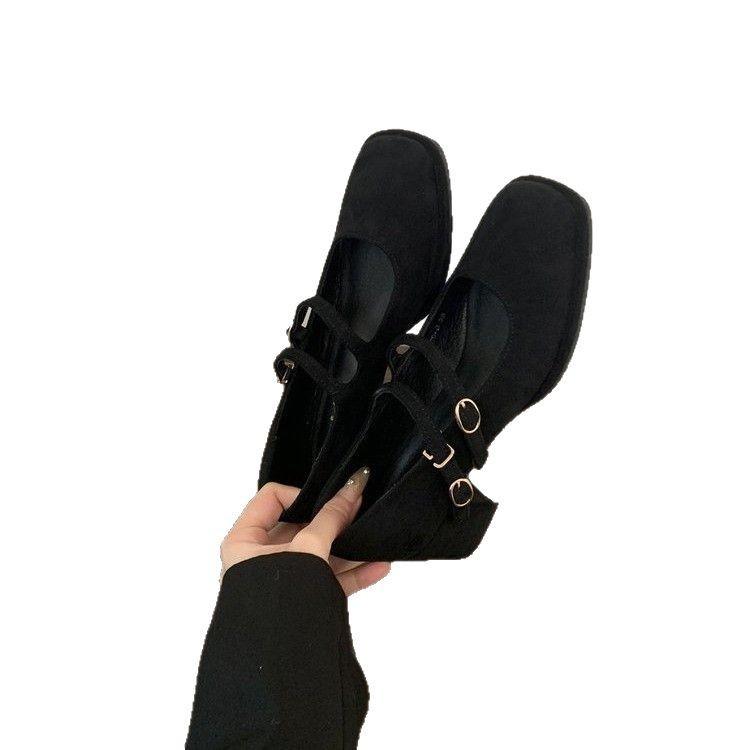 Korean Version Suede Square Head Double Row One-button Thick Heel Light Mouth Single Shoes Women's 2025 Spring and Autumn New Mary Jane Shoes Women
