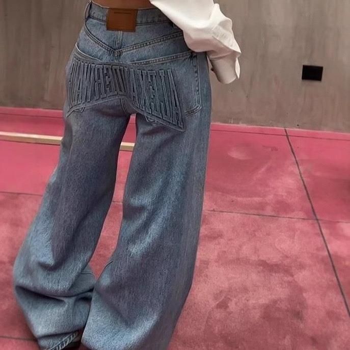 BeatStreet American Streetwear Women Denim Pants Y2k Autumn Loose Letter Indentation Wide Leg Jeans Punk Machete Trousers New