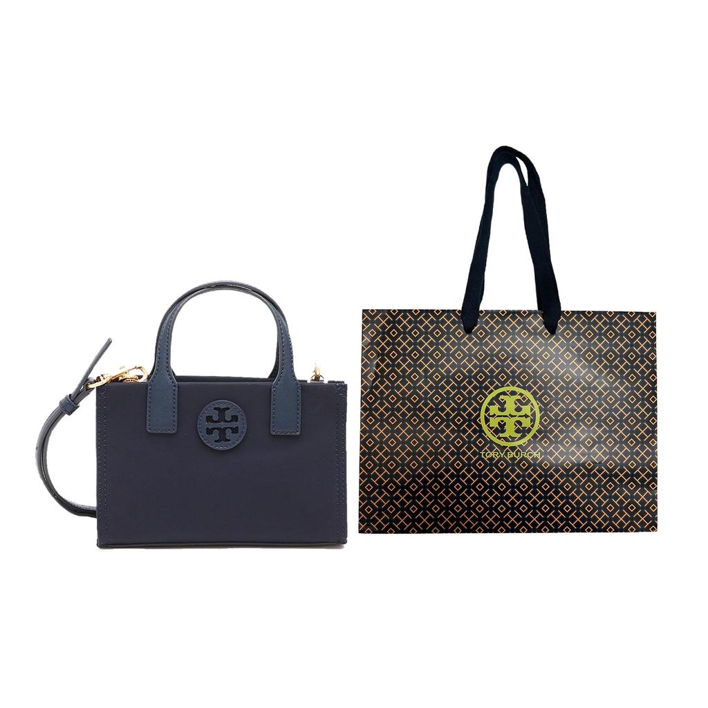 Tory Burch Ella Double T Logo Cutout Patch Solid Simple Nylon Tote Bag Shopping Bag Shoulder Crossbody Handbag Mini Women Tote Navy-Blue 146437-405
