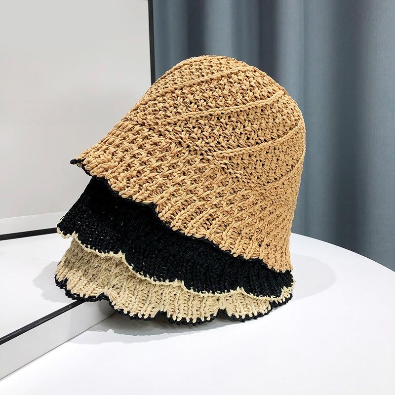 Ladies' Summer Handmade Crochet Straw Hat With Hollow Out Breathable Sunshade Bucket Hat Uv Resistant Solid Color Fisherman Hat