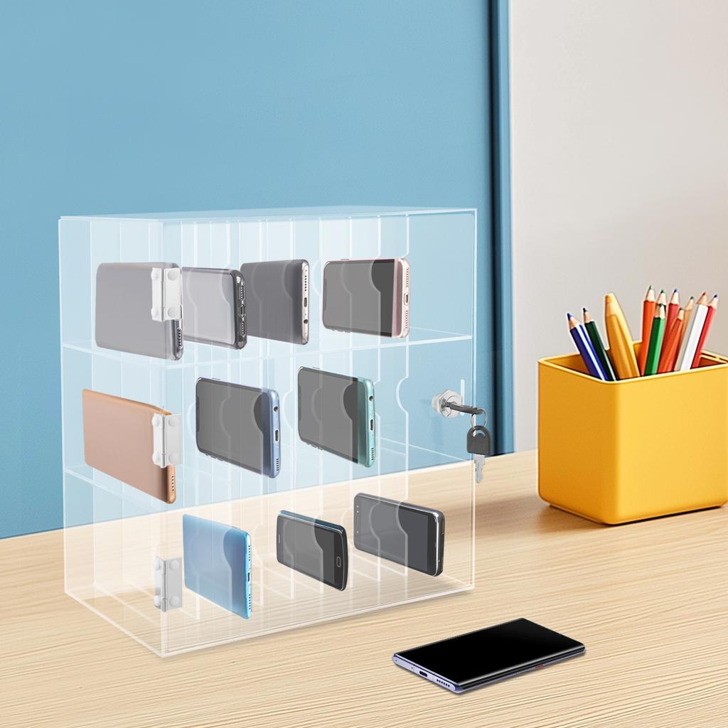 Clear Cell Phone Locker Box, Cell Phones Storage Cabinet, Cell Phone Storage Box Acrylic and Stainless Steel Store Keys, Wallets