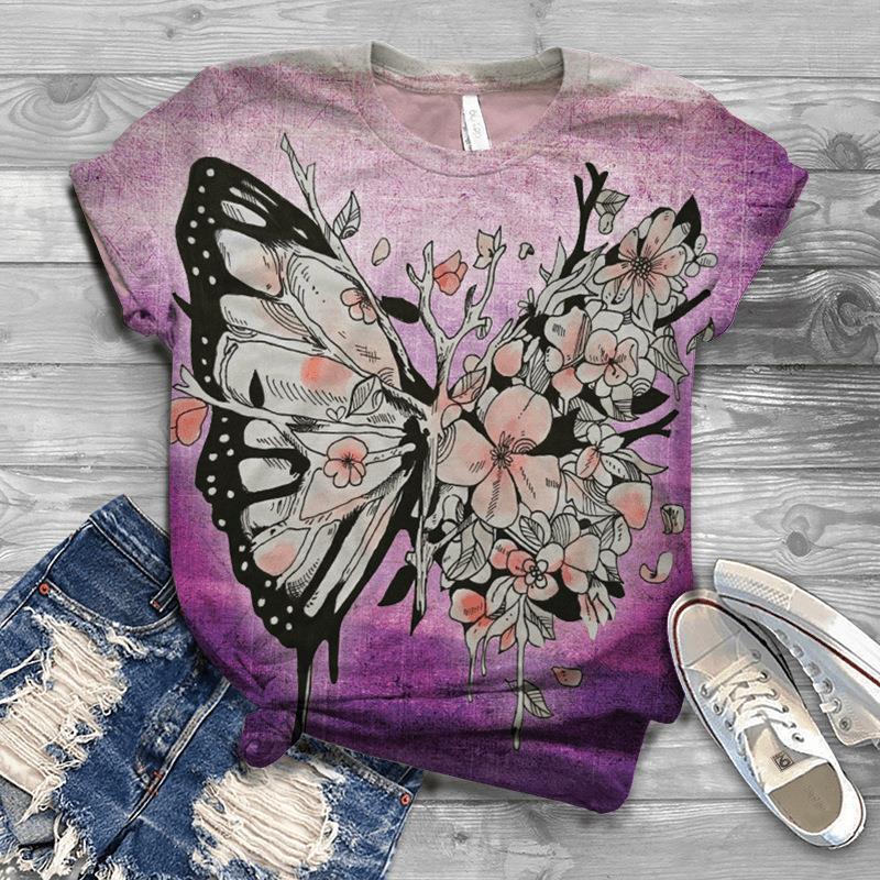 Summer Top Butterfly Series 3D Digital Printed Sports and Leisure Loose Women's Short Sleeved T-shirt