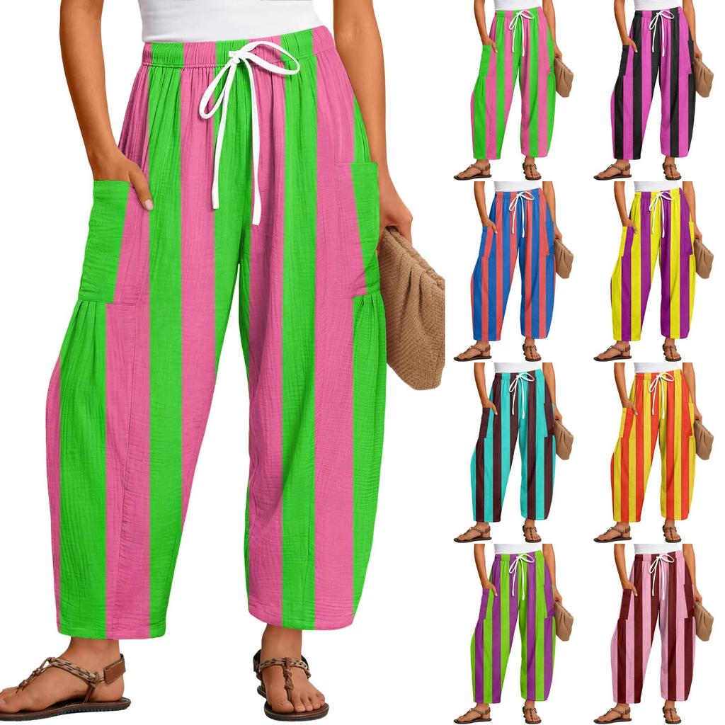 Women's Linen Pants with Pockets, High Waist Loose Fit Plus Size Cotton Casual Pants