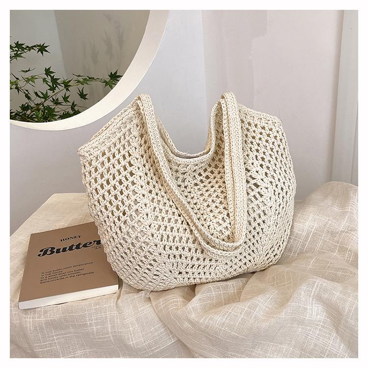

Женская сумка большой емкости с верхней ручкой, соломенная плетеная сумка-тоут 2025 года, весна-лето, пляжный отдых, универсальные сумки через плечо с ажурными вставками белый