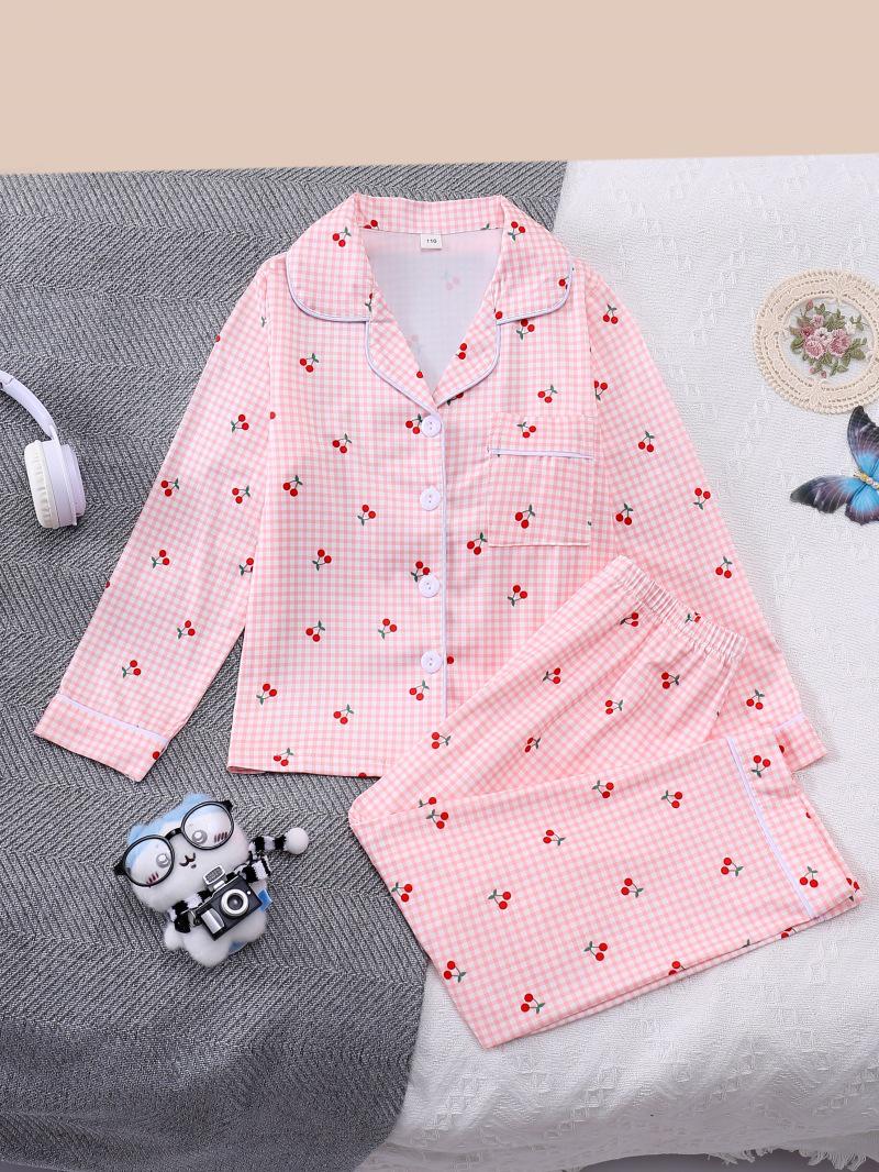Cherry Print Girls Pajama Set with Long Sleeves and Pants Size 100