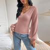 Ladies Casual Fashion V-Neck Puff Sleeve Cable Knit Long Sleeve Top