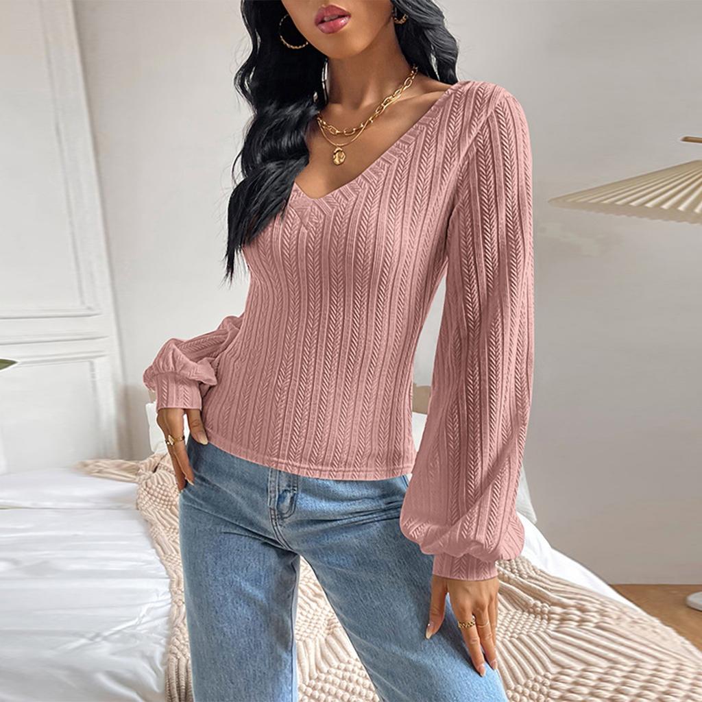 Ladies Casual Fashion V-Neck Puff Sleeve Cable Knit Long Sleeve Top