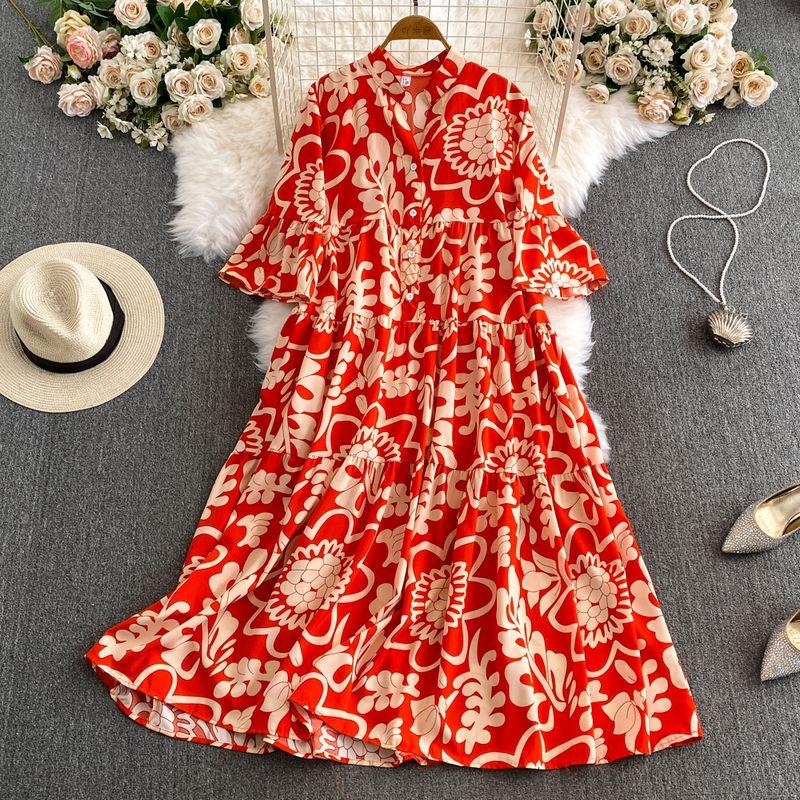 

2024 Summer New Arrival High-Grade Elastic Waist Color V Neck Silm Drape Flab Hiding Loose Sun Protection Large Swing Dress Women Red All yards