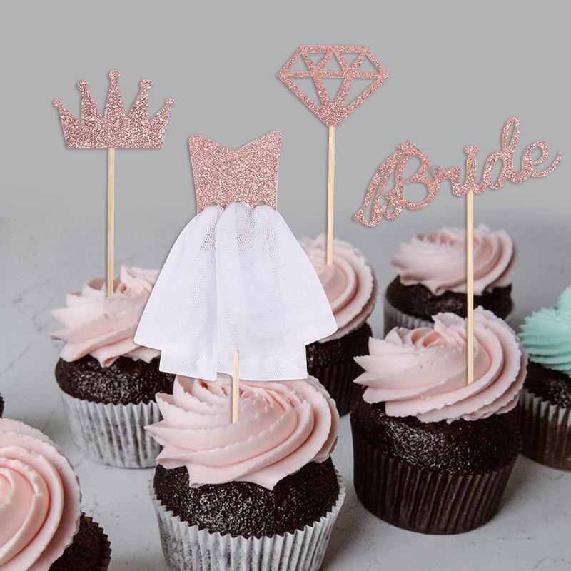 8pcs Rose Gold Bride Glitter Diamond Cupcake Topper Wedding Bridal Shower Cake DIY Decoration Bachelorette Hen Party Supplies