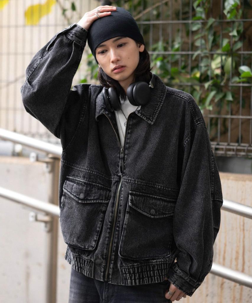 WEGO Unisex Flight Korean Loose Size Denim Sonata Men's Jacket, Outerwear, Streetwear, Style, Fit, Oversized, Winter/Spring Clothes, L, Black,