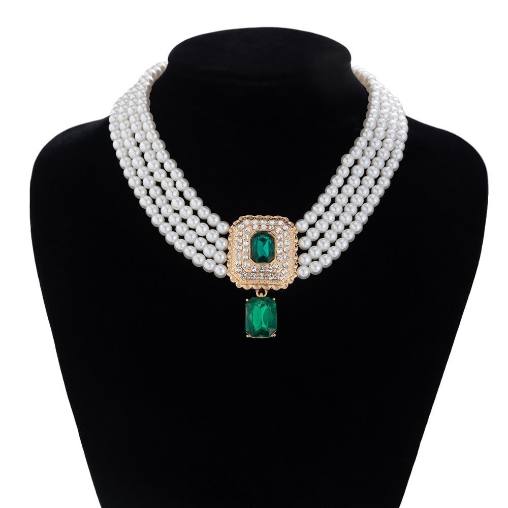 Imitation Rhinestone Necklace Earrings Luxury Choker Necklace Set Pearl Multilayer Necklace  Ladies