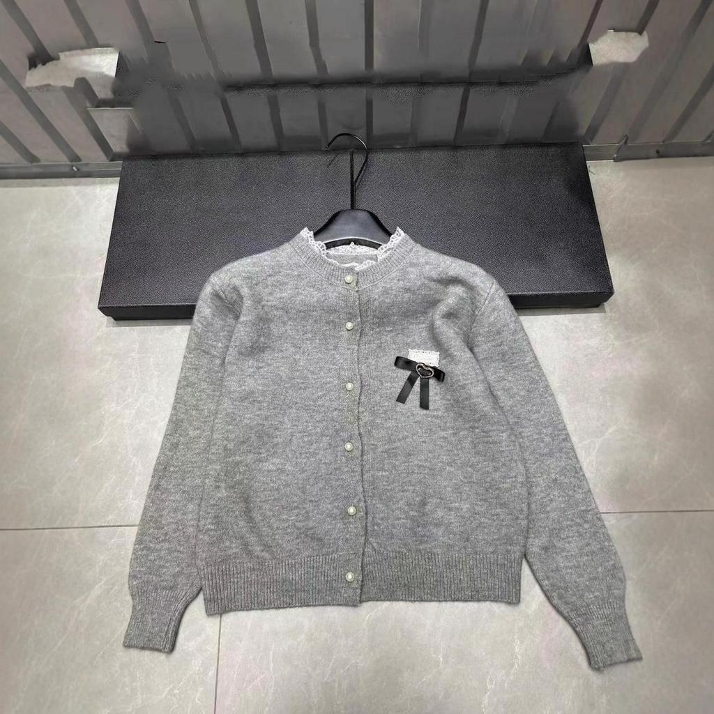 Miu Style Lace Trim Round Neck Single-Breasted Knit Cardigan - Elegant Autumn/Winter Long Sleeve Top