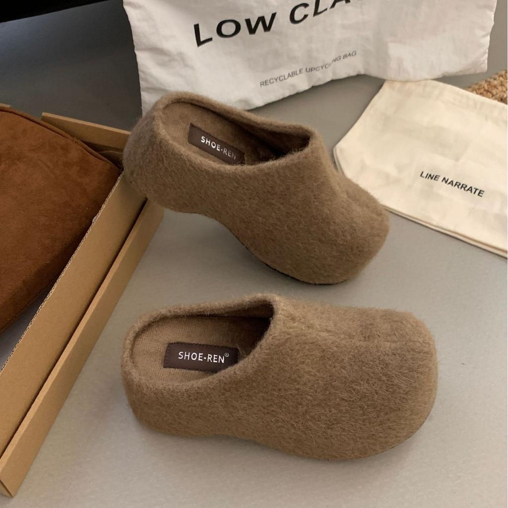 2025 Autumn and Winter New Round Head Thick Bottom Outer Wear Mao Mao Waterproof Table Bag Head Half Drag Women's Home Wear Boken 7cm