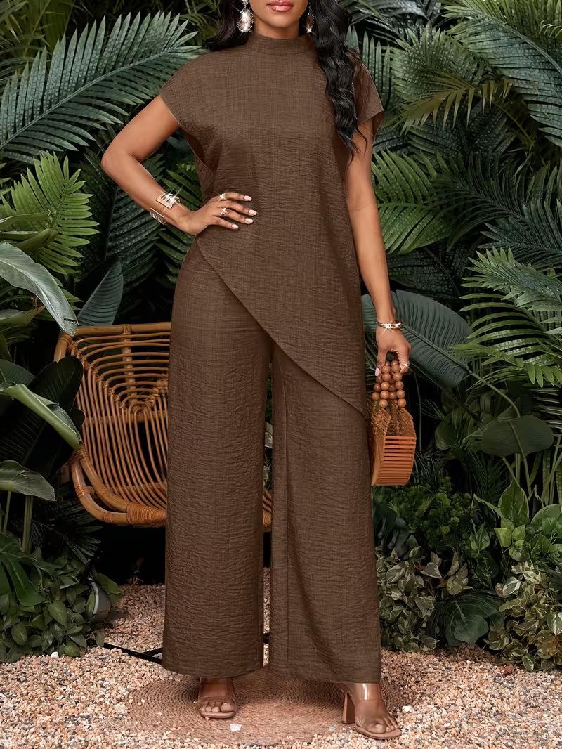 

2026 Women s Casual Asymmetrical Hem Top and Pants Set M кавовий