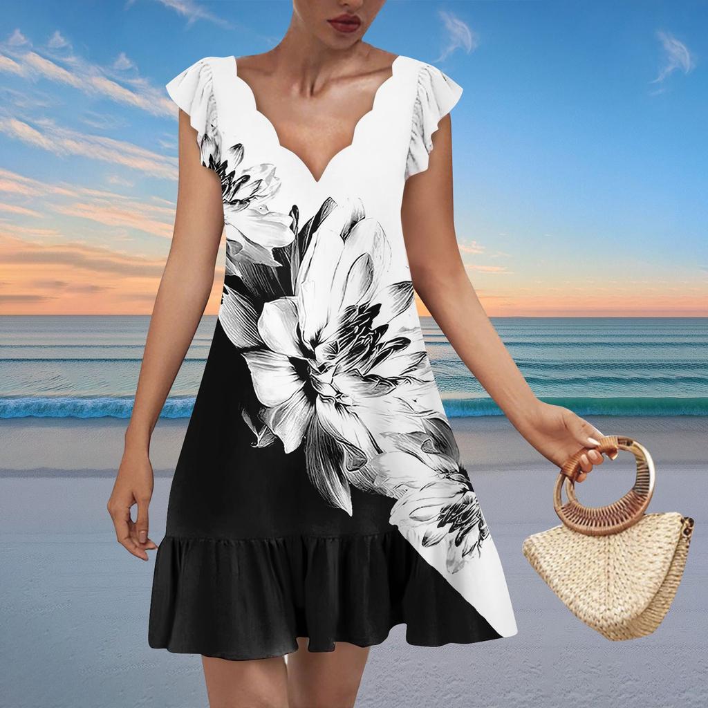 Women's Fashion Casual V Neck Wavy Edge Texture Print Short Sleeve Dress