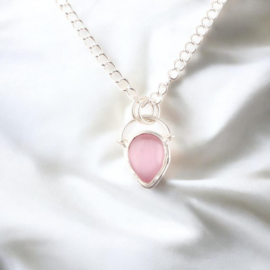 Pink Cat's Eye Gemstone 925 Sterling Silver Jewelry Handmade Pink Stone Pendant PP-56-36