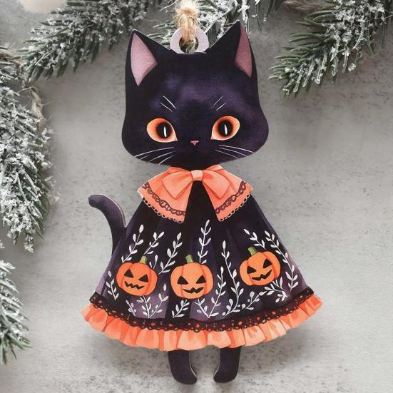 Vintage Wooden Witch Cat Pendant Halloween Hanging Ornament, Decorative Pendant, Rustic Pumpkin Ornament Cute Holiday Party Favors for Tree And