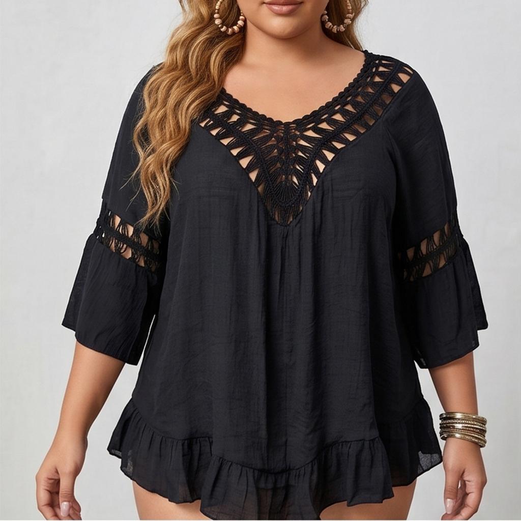 New Style Beach Dress for Plus-size Women, Knitted with Patches, Sexy Backless Frilled Short Beach Top