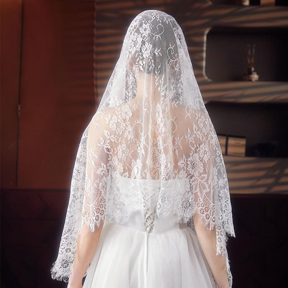 Lace Trim Veil Prayer Shawl Flower Bride Head Gauze Fashion Wedding Lace Shawl  Party