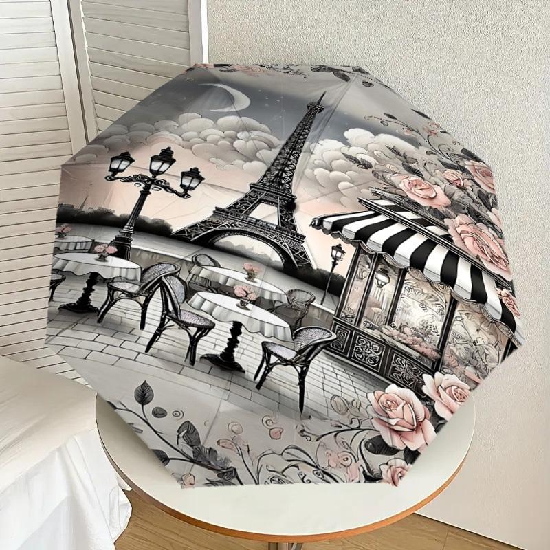 1PC Parisian, Cafe Umbrella-8-Rib Reinforced, Automatic Open, Lightweight & Durable, Cute Fashion Accessory for Outdoor, Beach, or Casual Use, Beach U