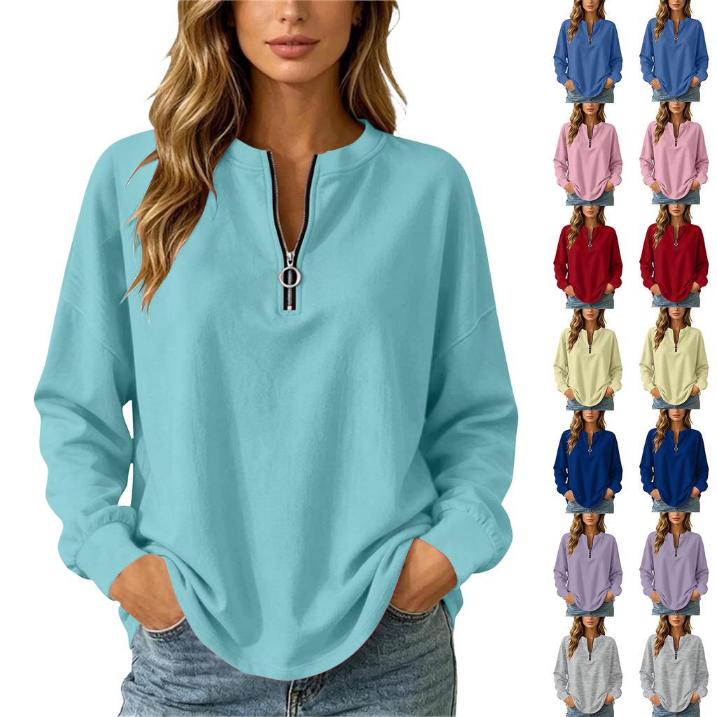 Women's Casual Loose Fit V-Neck Zip Up Long Sleeve Sweatshirt