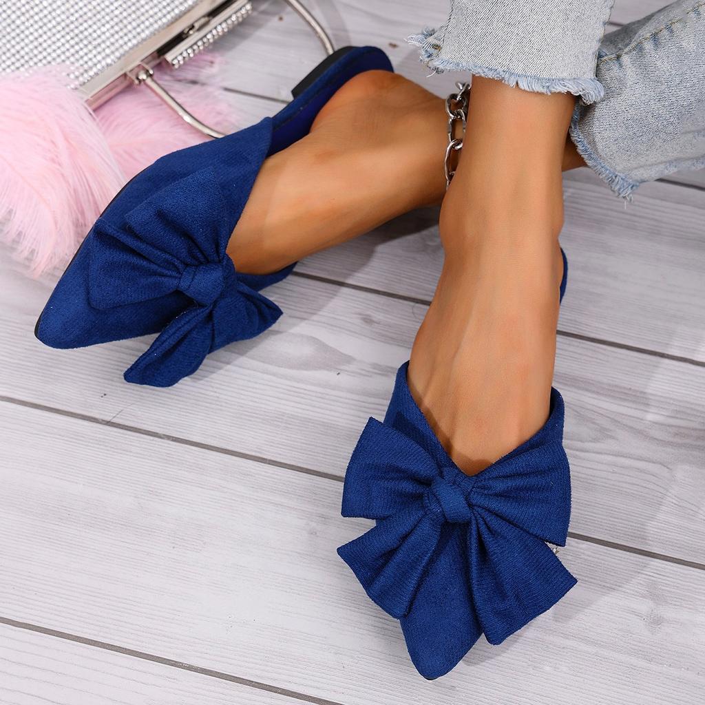 Plus Size Women's Spring and Summer New Pointed Low Heel Slippers Bow Suede Block Heel Women's Shoes