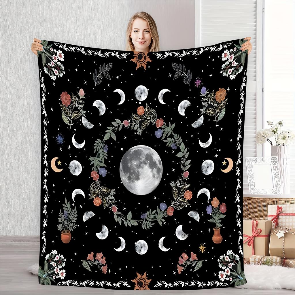 Bohemian Blumen Mond Galaxie Flanell Überwurfdecke - Weich, Warm und Gemütlich, Perfekt für Wohnkultur/Nickerchen/Reisen/Camping Geschenk