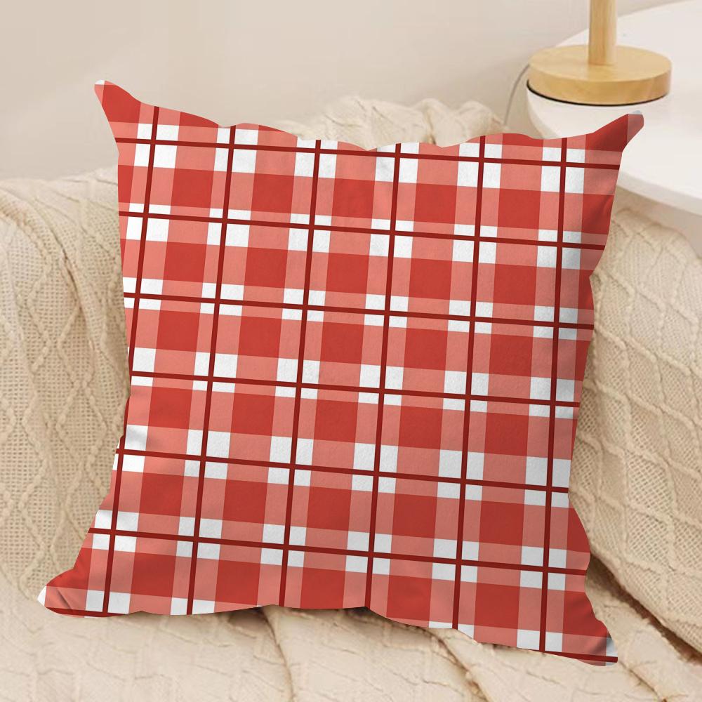 Red Plaid Cushion Cover Soft Plush Fabric Double-Sided Printed Sofa Cushion Cover for All Seasons Home Decor Gift