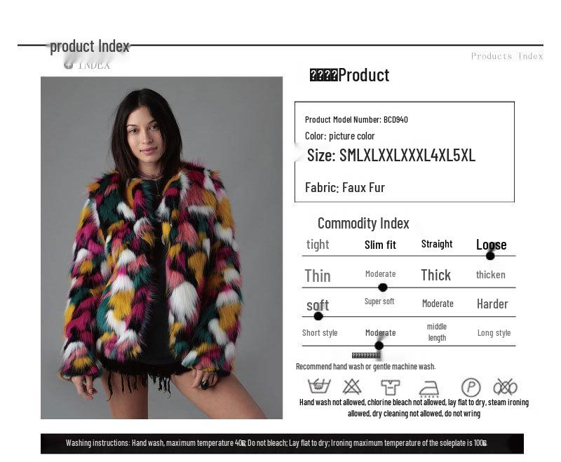 Women's Rainbow Patchwork Faux Fur Coat - Collarless, Trendy European and American Design