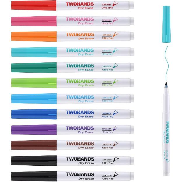 TWOHANDS Dry Erase Markers Fine Tip,Ultra fine Extra Fine Point 0.7mm,Low Odor,11 Assorted Colors,Whiteboard Markers for Office,Home,or Planning