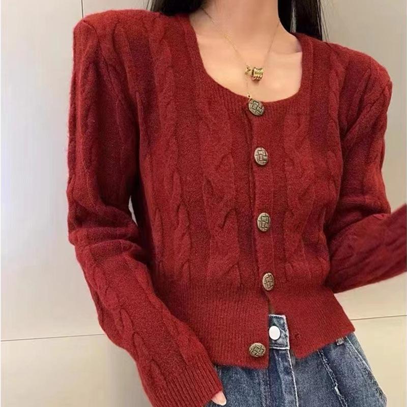 French small fragrant style square neck twist sweater cardigan women's style short waist and thin top knitted sweater