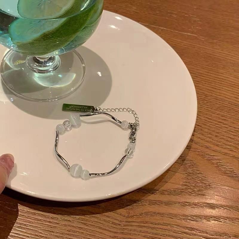 Minimalist Eye Cat Stone Beaded Bracelet For Women Irregular Titanium Steel