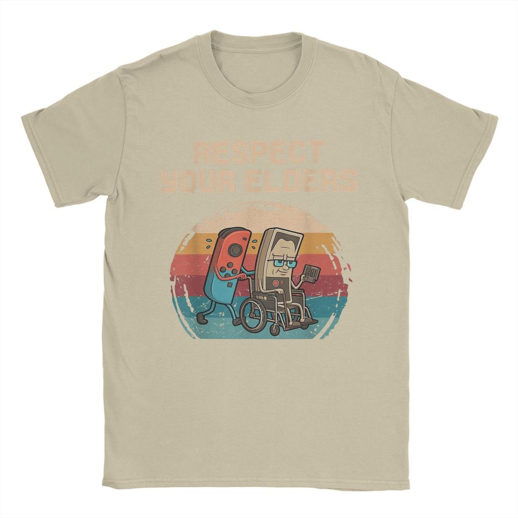 Respect Your Elders Retro Gaming Humor With Controllers T Shirt Summer Harajuku T Shirts Mens 100 Cotton O Neck Oversized Tees