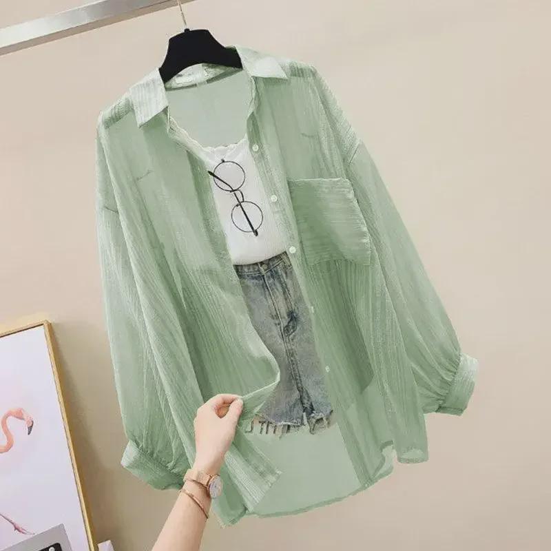 2024 Loose Mint Chiffon Cardigan: Korean Style Women's Long Sleeve Summer Jacket