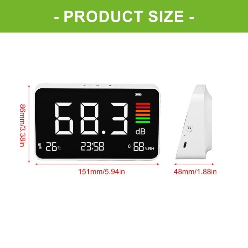 SPL Noise Tester Rechargeable Decibel Meter Desktop Digital Sound Level Meter with Time Temperature and Humidity Display
