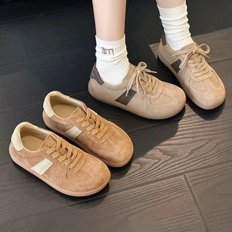 Women's autumn new round head retro versatile board shoes women's soft sole lace-up matte leather color matching casual shoes