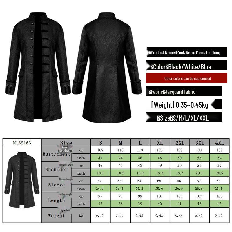 Европейское и американское средневековое жаккардовое пальто: Хэллоуинский костюм средней длины в стиле ретро со стоячим воротником M