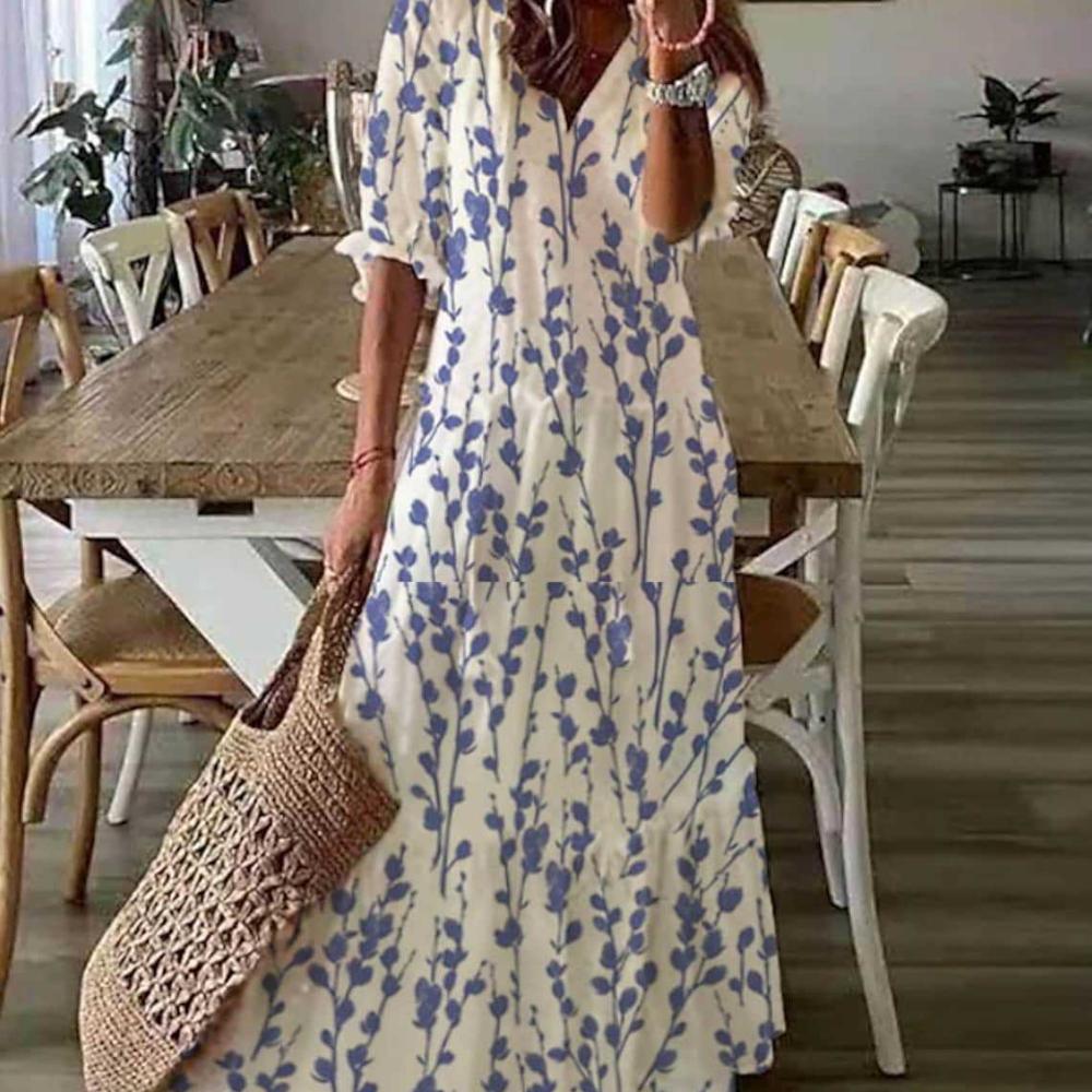 Summer Women V-neck Short Sleeved Long Dress Elegant Flower Printed Women's Loose Dress Bohemian Style Women's Clothing