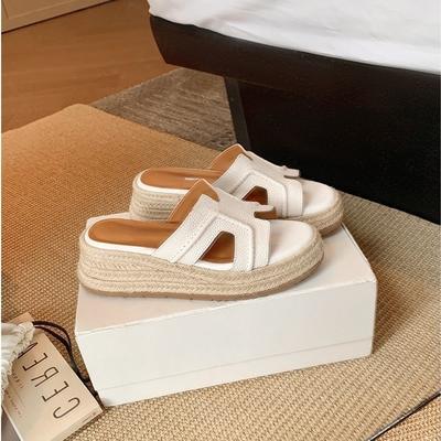 Cowhide Version~ Su Yinyin Vacation H-type Hemp Rope Woven Slippers Women's Outer Wear Slope Heel Thick Bottom Beach Cool Slippers Summer