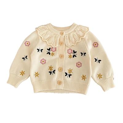 Gilet pour Bébé Fille Col à Volants Broderie de Fleurs Haut Tricoté Gilet Manteau à Manches Longues Cardigans pour Enfants