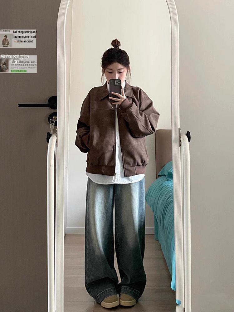 Women's High-End American Retro Brown Leather Jacket - Trendy Autumn/Winter Loose Couple Outerwear