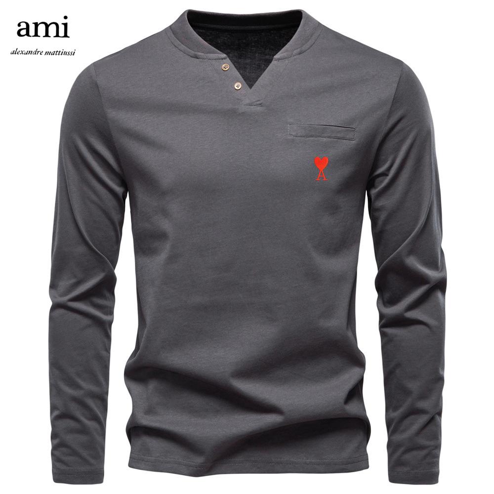 AMI 2025 Осень Новая Мужская Вышивка Повседневная Футболка с V-образным вырезом и длинным рукавом Приталенная Базовая Футболка Топ из чистого хлопка для мужчин XXL