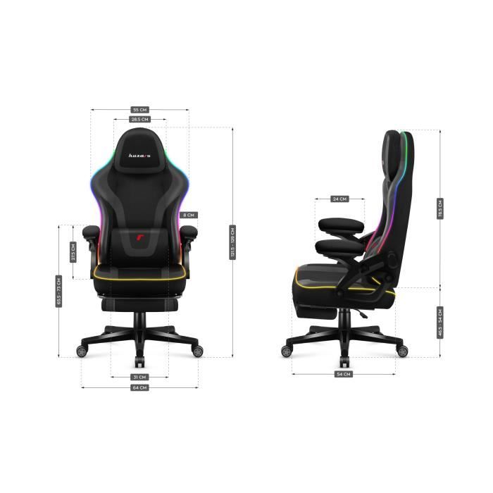 Chaise Gaming HUZARO FORCE 4.6 - Noir LED RVB - Repose-pieds Et Éclairage RGB LED - Ergonomique
