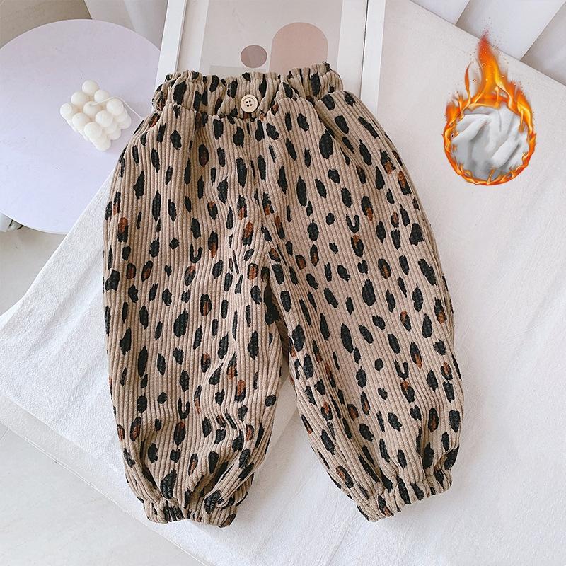 

Girls Korean Corduroy Floral Pants Thicken Fleece Warm Children Trousers Fashion Leopard Print Girls Boys Pants Outwear Autumn Winter 150