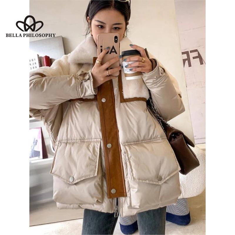 Новый пуховик женский лоскутный двусторонний мех норки искусственный воротник парка