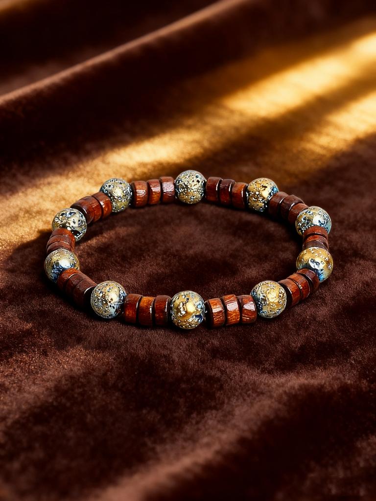 Retro Style Gold color Volcanic Lava Stone Beaded Bracelet Brown Wood Beads Energy Reiki Charm Grounding Protection Jewelry Gift