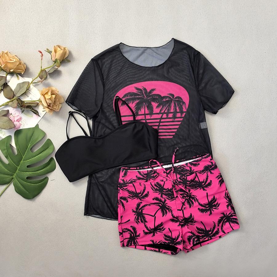 Neuer hochtaillierter Boxershorts Netzbluse Dreiteiler Kokospalmenmuster Schlanker Damenbadeanzug
