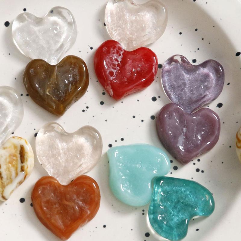 10Pcs Color Pattern Print Geometry Hearts Shape Resin Cabochon Beads Diy Jewelry Garment Hair Accessory