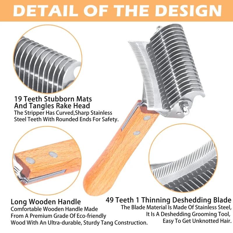 3-in-1 Deshedding Dog Rake BrushComfortable Handle Dematting Comb Removes Hair Tangle Rounded-end Blade